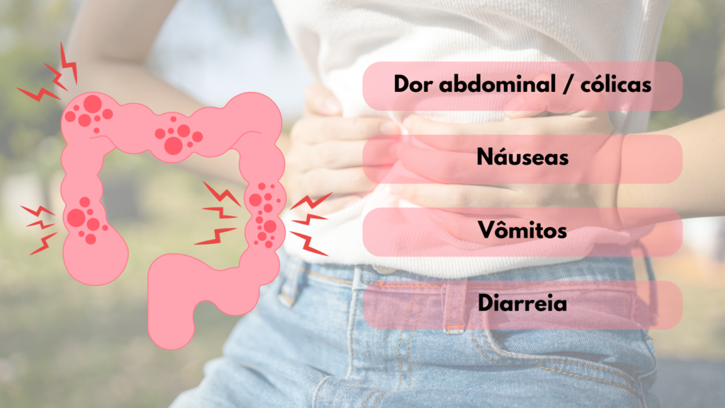 dor abdominal, cólcias, náuseas, vômitos, diarreia